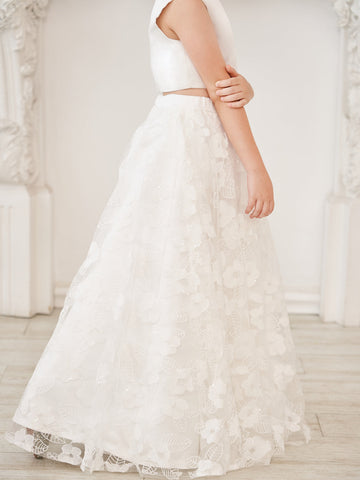 A-line Lace Satin Floor-length Ivory Dress (010146741)