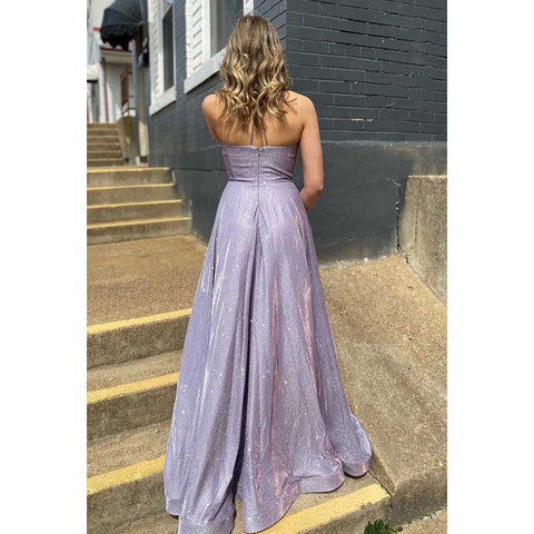 Robe de bal longue scintillante à bretelles croisées et col en V avec poches