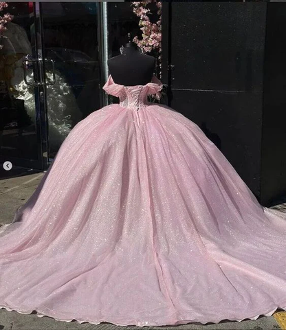 Robe de bal rose en tulle à paillettes et perles, épaules dénudées, style quinceañera Y7462