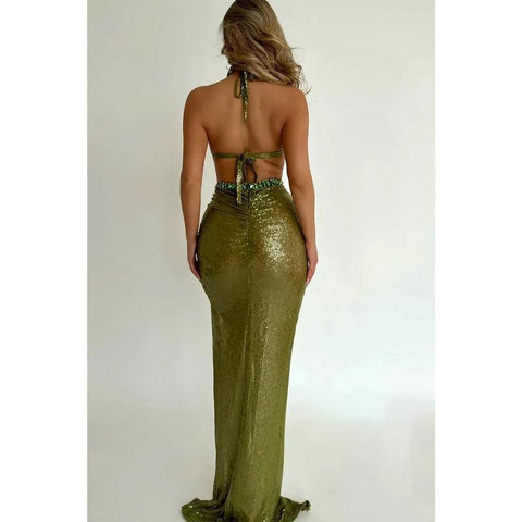 Robe de soirée longue verte sexy et fourreau à paillettes et perles 