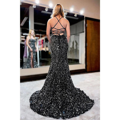 Vestido de fiesta para mujer con tirantes finos, lentejuelas negras y brillantes 