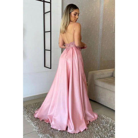 Vestido de noche formal largo con apliques de encaje y tirantes finos para mujer 