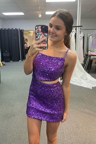 Stylish Sheath One Shoulder Purple Sequins Short Homecoming Dress with Cut Out