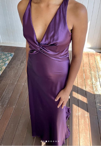 Robe de soirée longue violette dos nu à col en V, robe de bal, robe de fête Y7520