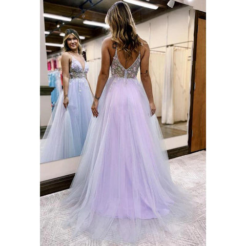 Vestido de fiesta formal de tul con escote en V, tirantes finos, corte A y abertura, glamuroso y dramático