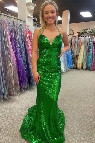 Robe de bal longue sirène à sequins verts dos nu