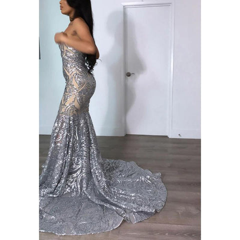 Robe de soirée longue sirène en tulle transparent, sans bretelles, à paillettes et perles