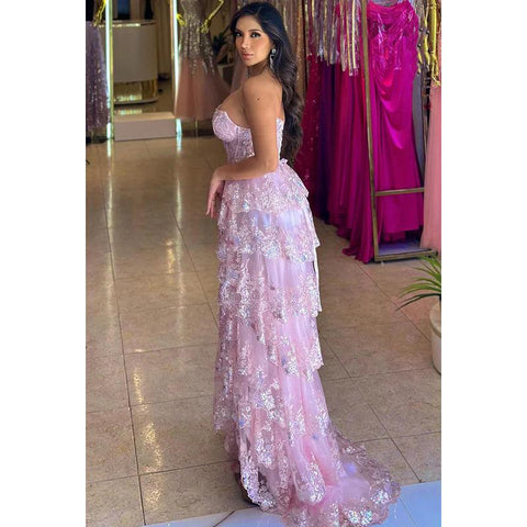 Vestido de fiesta glamuroso y dramático con apliques en forma de A, hombros descubiertos, sin mangas