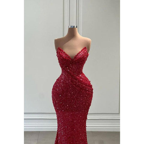 Robe de soirée sirène sans manches à paillettes rouges scintillantes et col en V