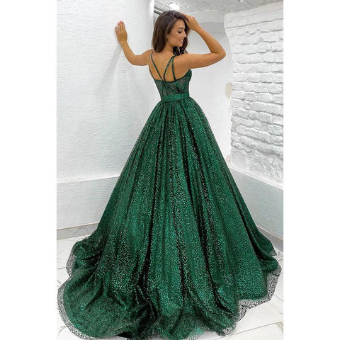 Vestido de fiesta brillante de corte A con tirantes finos y bolsillos 