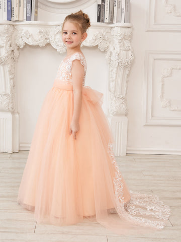 A-line Lace Tulle Sweep Train Pink Flower Girl Dress