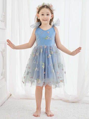 A-Line Sleeveless Floral Embroidered Tulle Toddler Flower Girl Dress