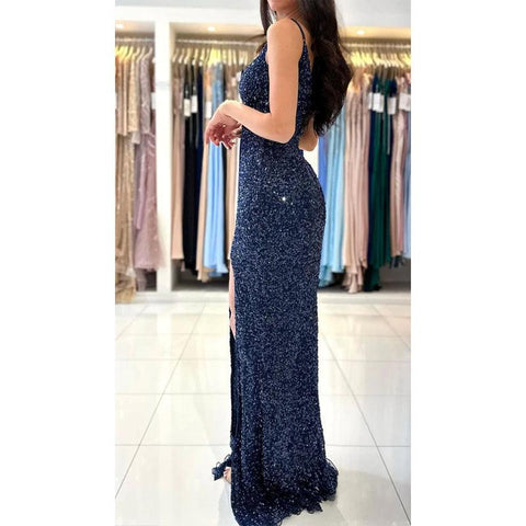 Vestido de fiesta largo de sirena con escote en V, tirantes finos y lentejuelas