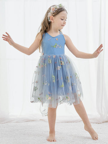 A-Line Sleeveless Floral Embroidered Tulle Toddler Flower Girl Dress