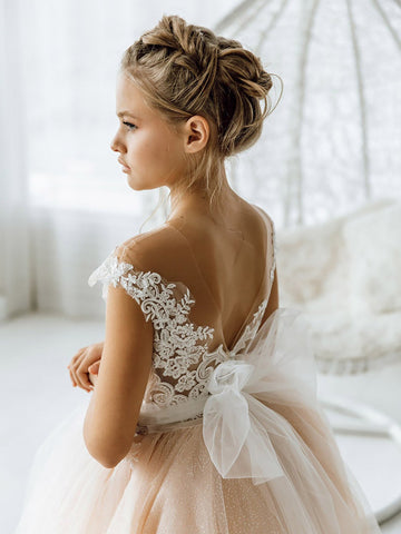 Cute Sleeveless Floral Lace Champagne Flower Girl Dress
