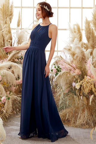 Navy Halter Chiffon Bridesmaid Dress