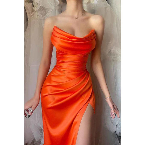 Robe de soirée longue plissée en satin sans bretelles, fourreau/colonne, avec fente 