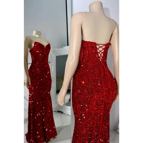 Vestido de fiesta de graduación sexy con lentejuelas, sin tirantes y corte trompeta para mujeres negras 