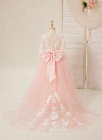 A-line Long Sleeves Lace Tulle Flower Girl Dresses Pink (2003227575)