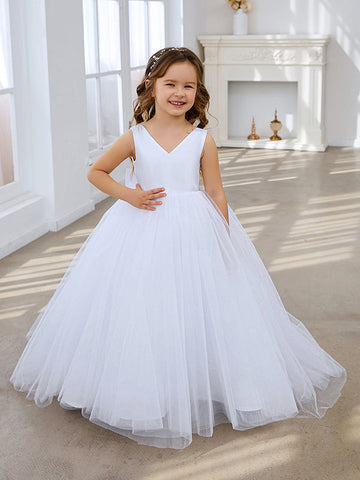 Classic White A-line Sleeveless Satin and Tulle Flower Girl Dress