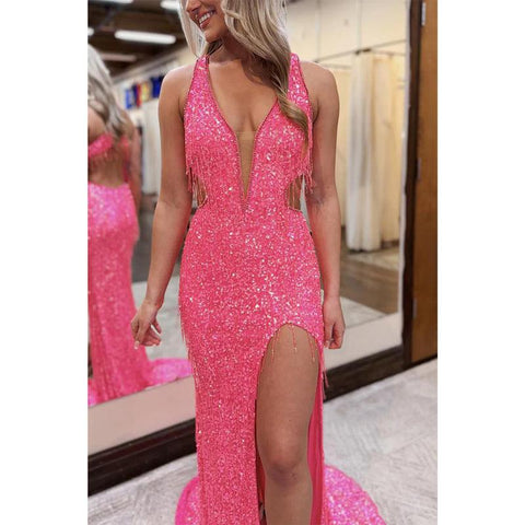 Vestido de noche para fiesta, graduación, escote en V, ilusión, imperio, sin mangas, con lentejuelas y abertura lateral 