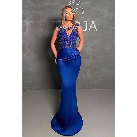 Robe de bal élégante et luxueuse à col en V, sans manches, avec perles