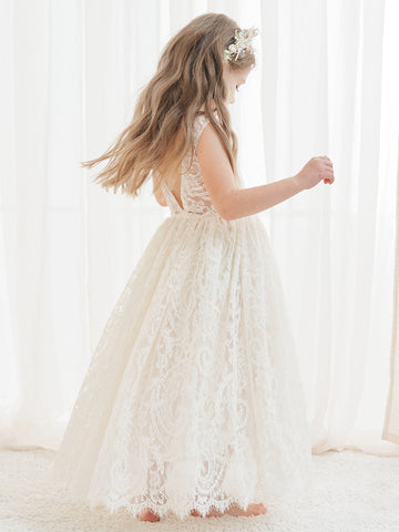 A-line Lace Ankle-length Ivory Boho Flower Girl Dress