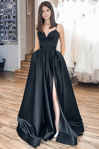 A Line Spaghetti Straps Black Long Prom Dress with Silt