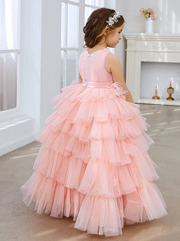 Ball-Gown/Princess Pearl Pink Sleeveless Tulle Bow Flower Girl Dress (010220814)