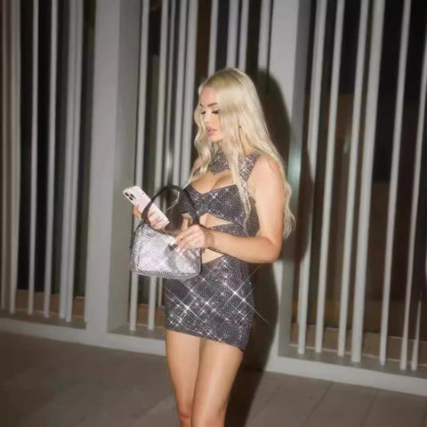 Sexy Hollow-Out Bodycon Flower Detail Rhinestone Prom Dress