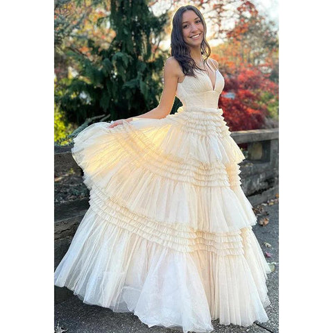 Vestido largo de fiesta de bienvenida con escote en V, tirantes finos y tul fruncido, corte A 