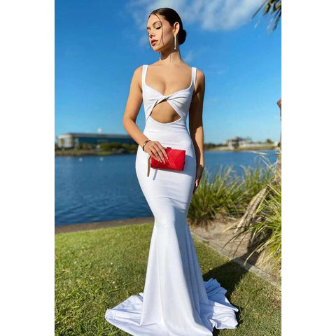 Vestido de fiesta largo con escote cuadrado, aberturas en la espalda y corte en forma de tubo