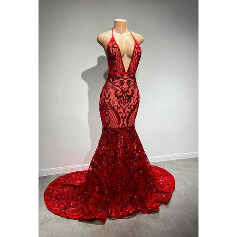 Vestido de fiesta sexy y atractivo con tirantes finos, escote en V profundo, sin mangas, corte sirena, espalda descubierta y lentejuelas