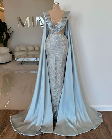 Superbe robe de bal sirène longue bleue à col en V et manches en dentelle pailletée
