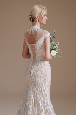 Fabulous Off-the-shoulder Sleeveless Mermaid Floor-Length Lace Wedding Dresses with Pattern