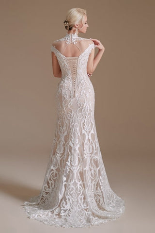 Fabulous Off-the-shoulder Sleeveless Mermaid Floor-Length Lace Wedding Dresses with Pattern