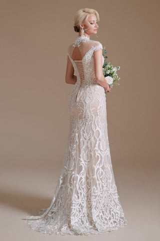 Fabulous Off-the-shoulder Sleeveless Mermaid Floor-Length Lace Wedding Dresses with Pattern