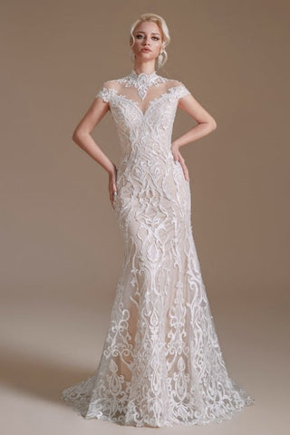 Fabulous Off-the-shoulder Sleeveless Mermaid Floor-Length Lace Wedding Dresses with Pattern