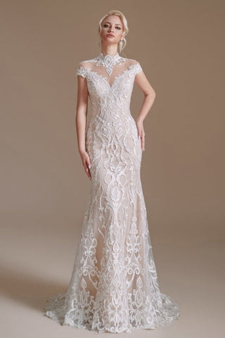 Fabulous Off-the-shoulder Sleeveless Mermaid Floor-Length Lace Wedding Dresses with Pattern