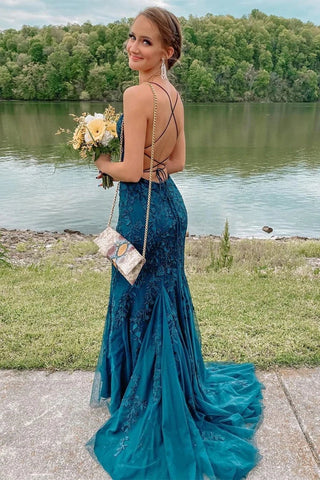 Vestido largo de sirena de encaje sin espalda para baile de graduación, modesto y formal.