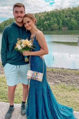 Vestido largo de sirena de encaje sin espalda para baile de graduación, modesto y formal.