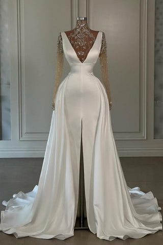 Robe de bal longue blanche à col montant et fente sur le devant en dentelle pailletée avec manches longues
