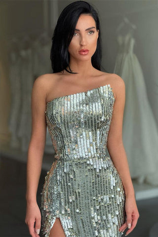 Fashion Silver Asymmetric neckline High split Prom Dress Sequin