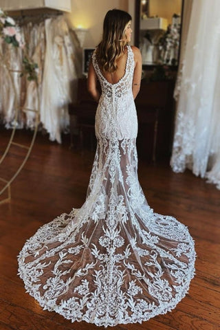 Fashion Spaghetti Straps Lace Mermaid Wedding Gowns With Slit