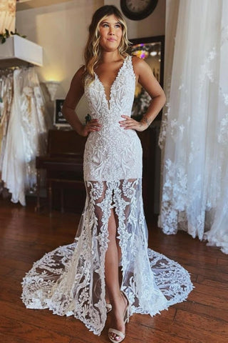 Fashion Spaghetti Straps Lace Mermaid Wedding Gowns With Slit