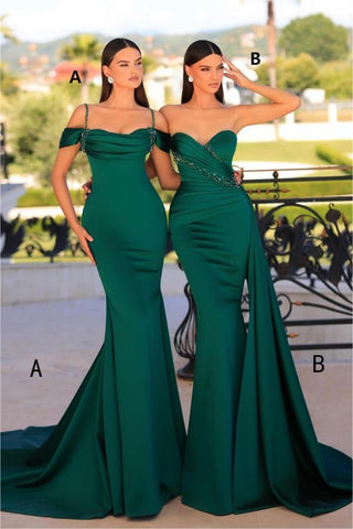 Robe de bal sirène longue vert foncé à la mode, sans manches, en satin et perles