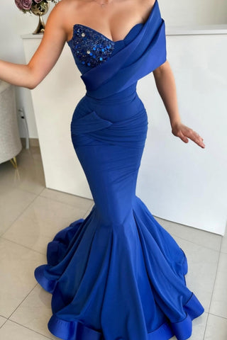 Robe de bal longue bleu roi à la mode, asymétrique, à paillettes, sans manches