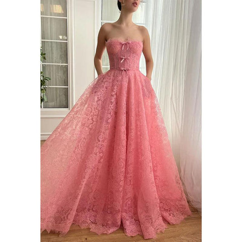 Vestido de fiesta de graduación de noche con escote en forma de A de tul, sin tirantes y bolsillos 