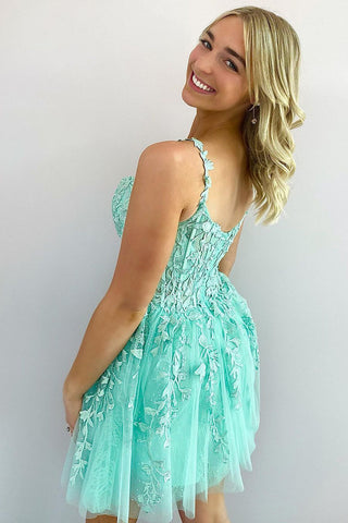 A Line Light Green Backless Short Cocktail Dress with Appliques