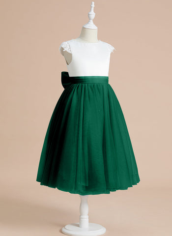 A-line Satin Tulle Tea-length First Communion Flower Girl Dress